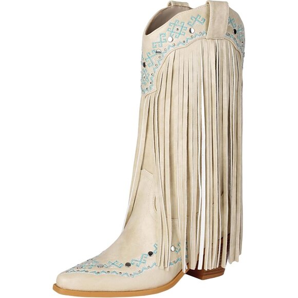 ⚡Women's Beige Snip Toe Cowgirl Mid Calf Boots With Rivets Pull On Chunky Heel - Picture 1 of 6